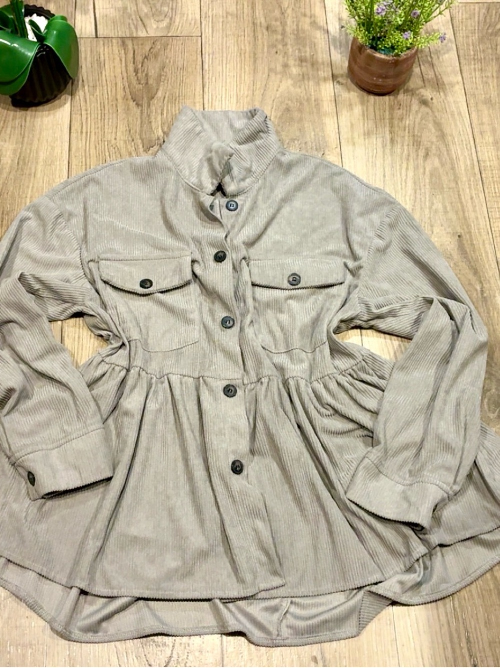 SHEIN Light Gray Corduroy Button-Front Utility Jacket